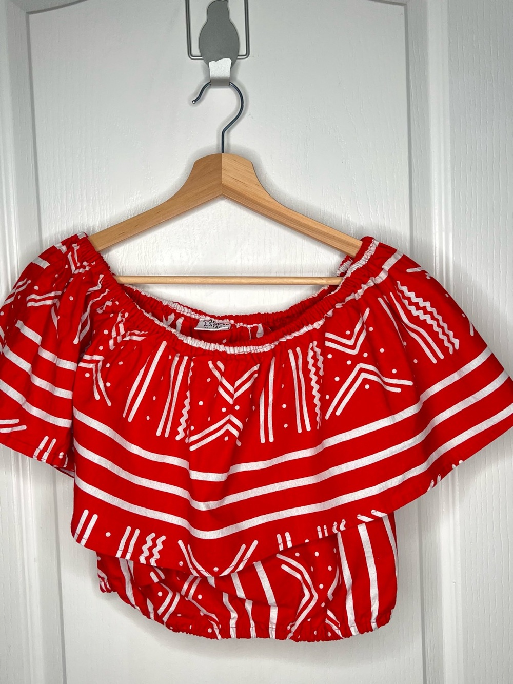 Off-Shoulder Red Printed Crop Top